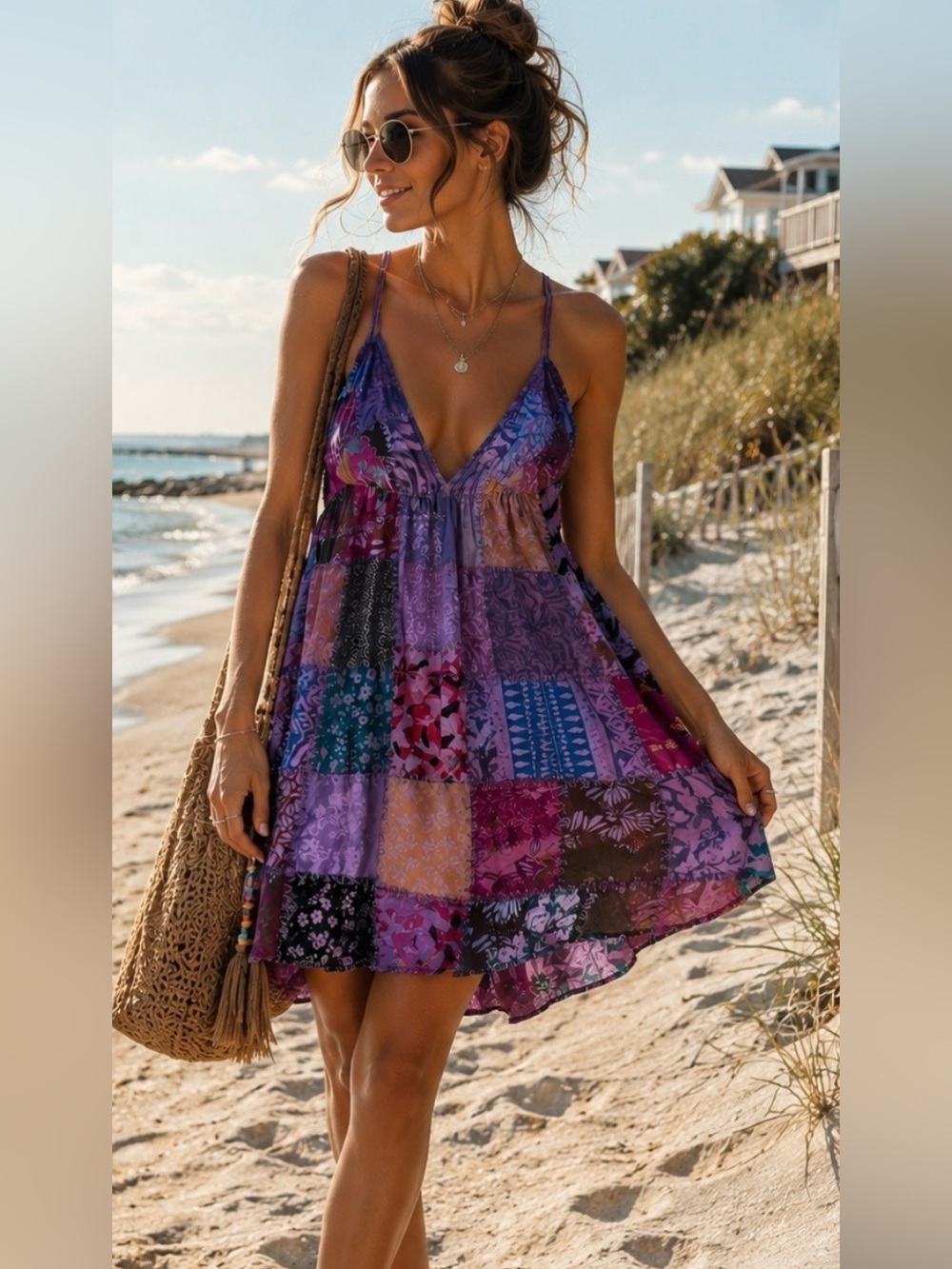 Patchwork Purple V-Neck Spaghetti Strap Sundress